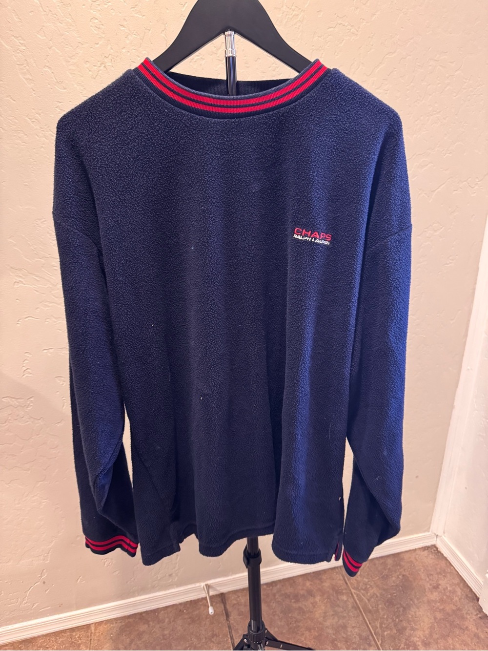 Chaps Ralph Lauren Navy Fleece Crewneck Sweater with Red Trim